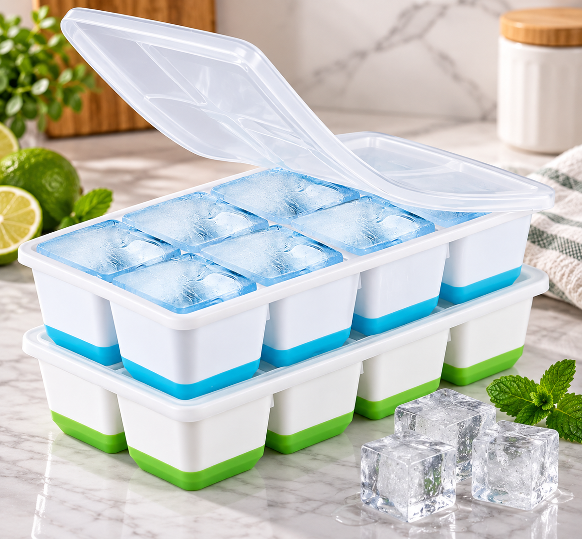 Stackable Silicone Ice Cube Tray with Lid, Ice Cube Tray with Protective Lid, Reusable Ice Cube Making Tray
