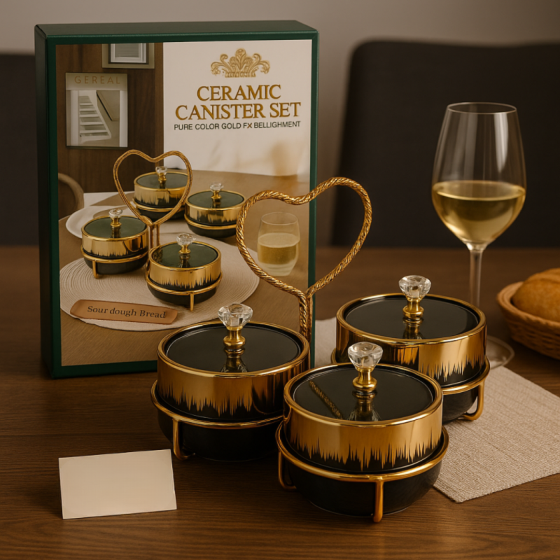 Ceramic Canister Set With Golden Stand, Luxury Style Serving Bowls, Ceramic Serving Bowls