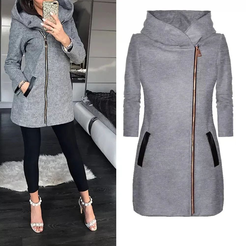 Women Long Leather Patch Side Zipper Jacket