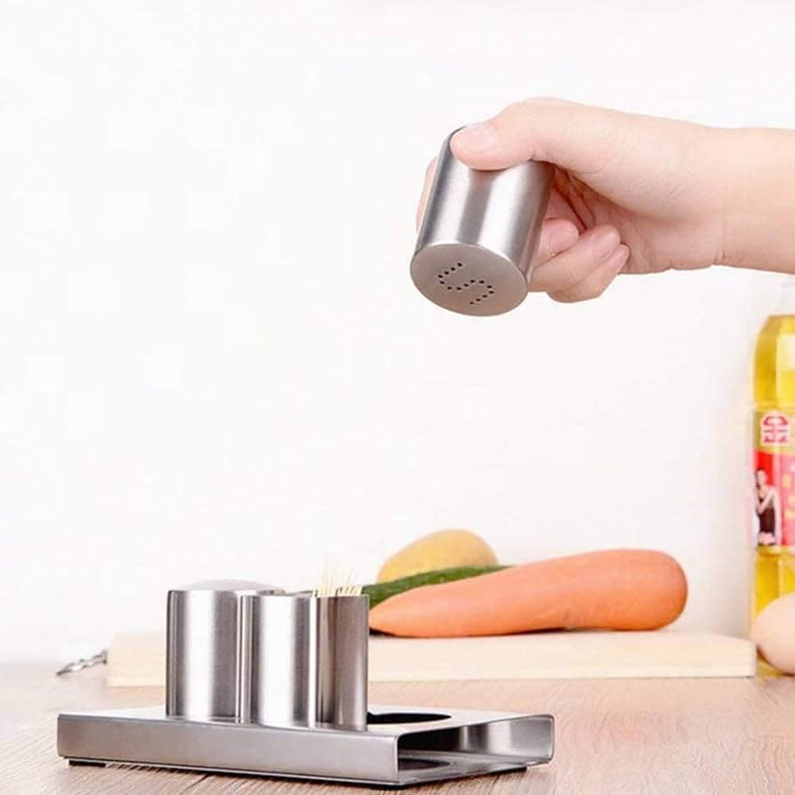 Stainless Steel Salt And Pepper With Stand, Mini Salt And Pepper Shaker Set, Spice And Seasoning Set With Toothpick Container