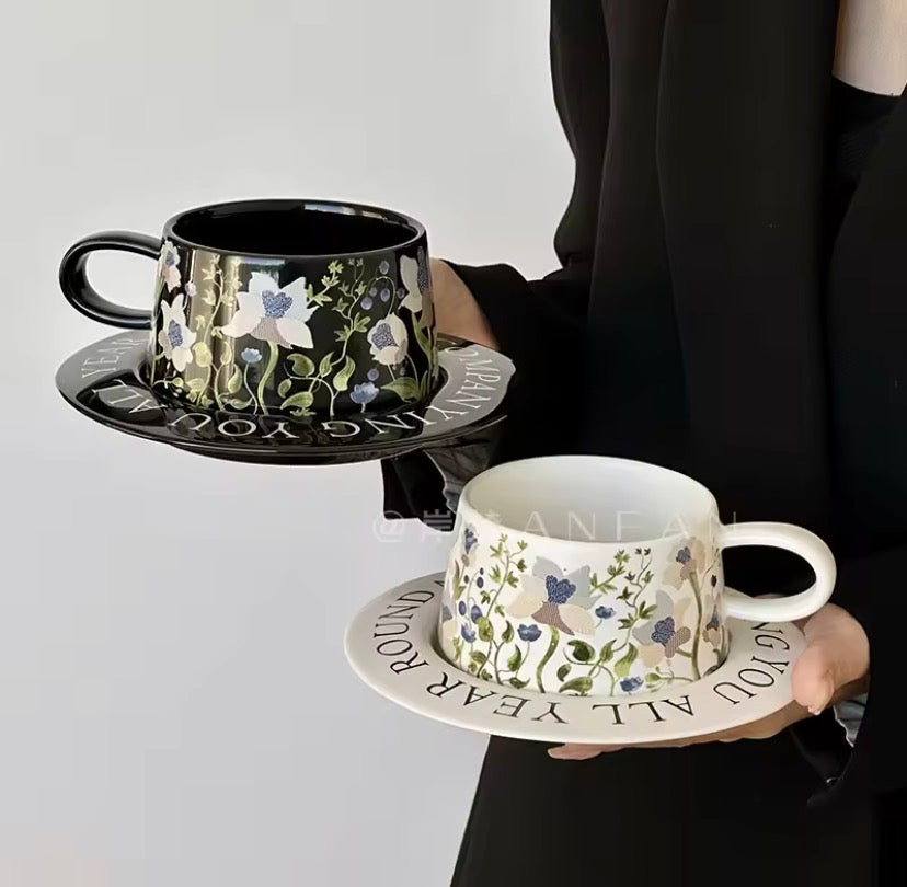 Vintage Painting Style Ceramic Mug With Saucer, Ceramic Cup With Steel Spoon, 1Pc Coffee Glass