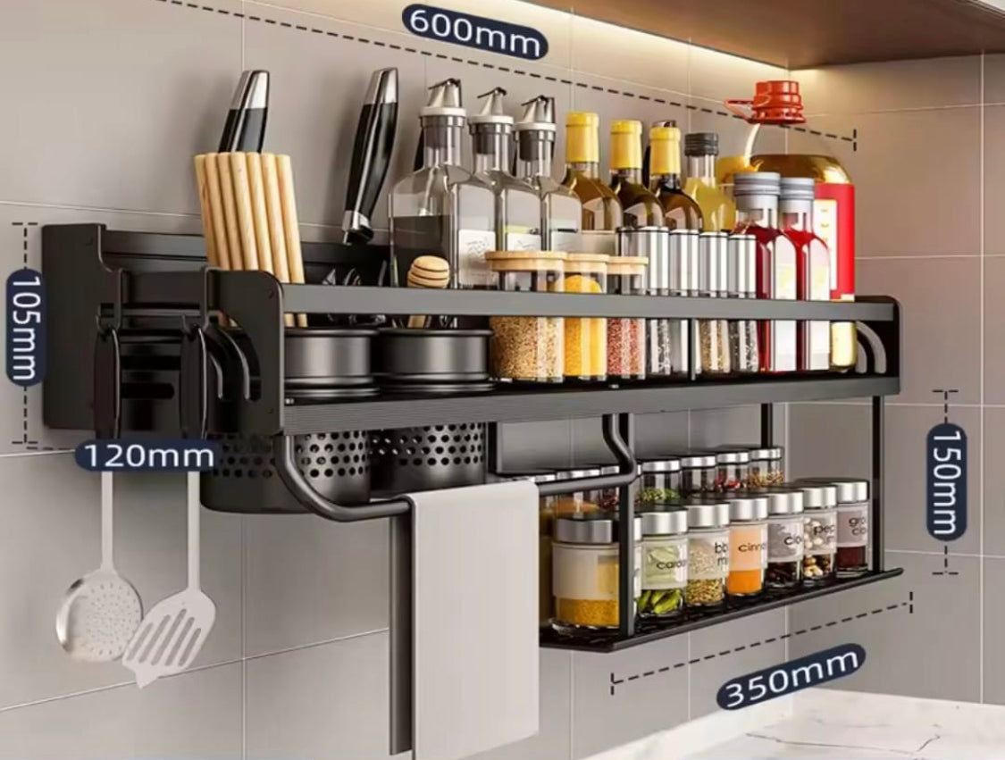 Wall Mounted Spice And Utensil Rack, Double Layer Kitchen Rack, Kitchen Organizer Rack, Spice Organizer Shelf, Kitchen Knife Holder