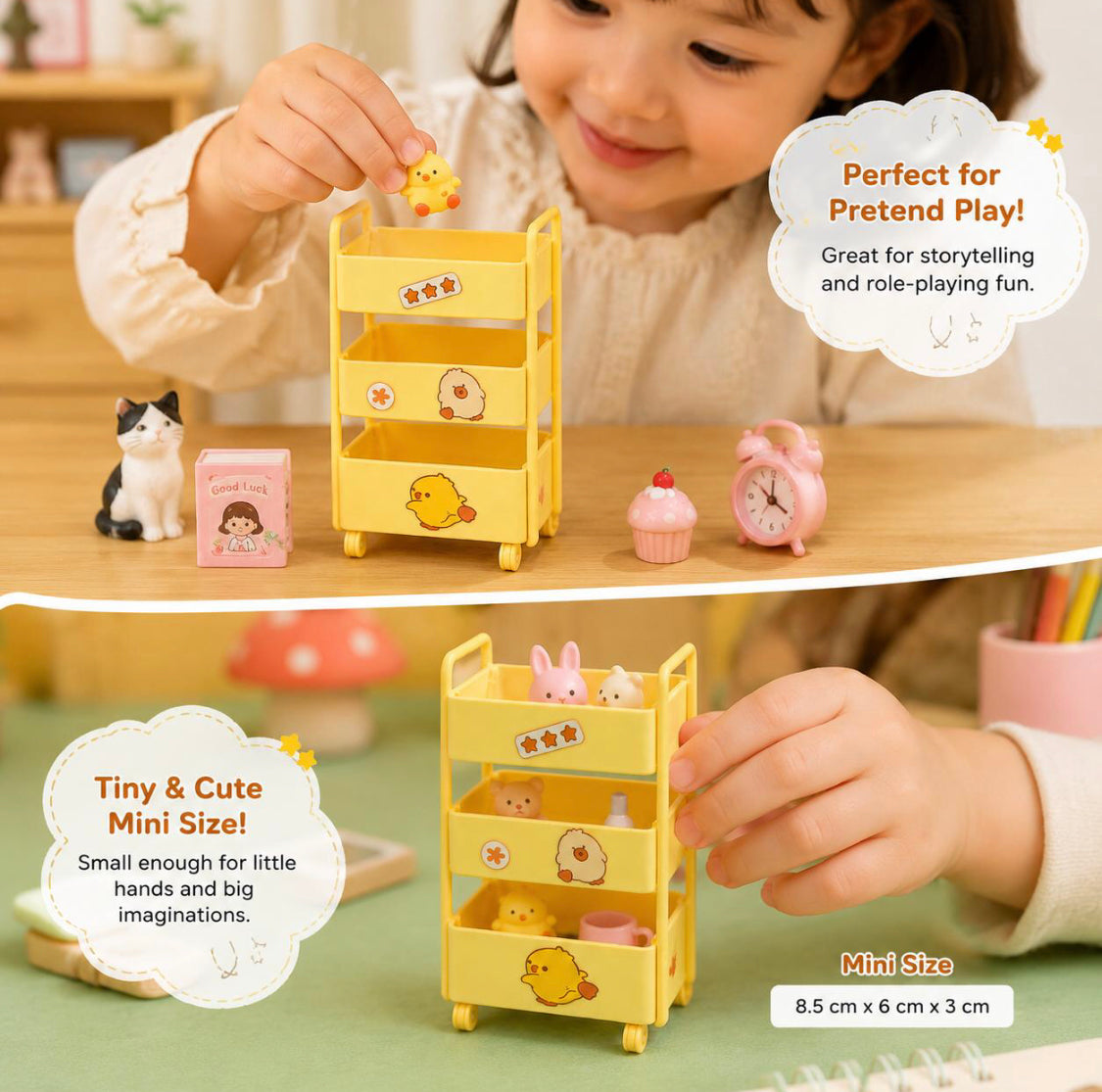 3 Tier Kawaii Mini Rolling Cart, Cute Desktop Sundry Storage Box, Mini Desktop Decorations Trolley