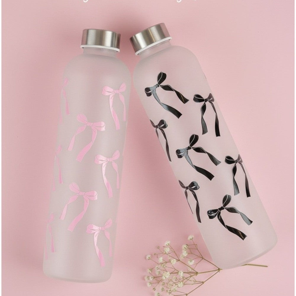1L Aesthetic Water Bottle With Bow Print, Reusable Water Bottle With Lid, Ribbon Bow Frosted Water Bottle, Multipurpose Water Bottle for Travel