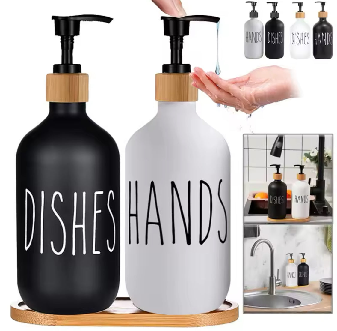 Bathroom Hand Soap Dispenser With Bamboo Tray, Kitchen Dish Soap Dispenser, Empty Facial Cleanser Refillable Bottle, Hand Sanitizer Press Subpack Bottle