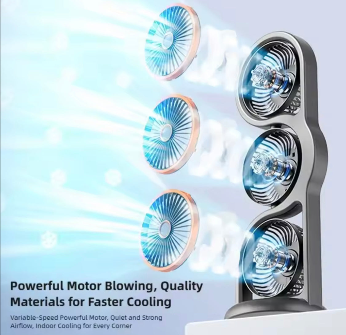 360° Circulation Three Head Table Fan, Rechargeable 5 Speed Wind Desktop Fan, Outdoor Desktop Fan