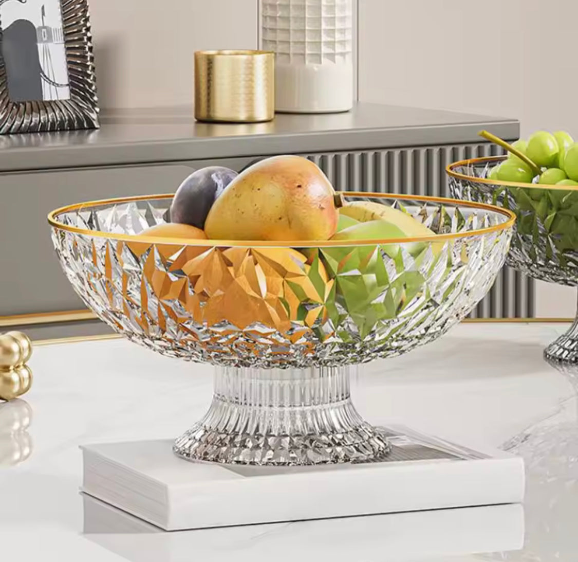 Luxury Fruit Bowl with Gold Rim, Elegant Crystal Pedestal Fruit Serving Bowl, Multipurpose Diamond Cut Fruit Bowl with Gold Edge, Decorative Crystal Centerpiece Bowl
