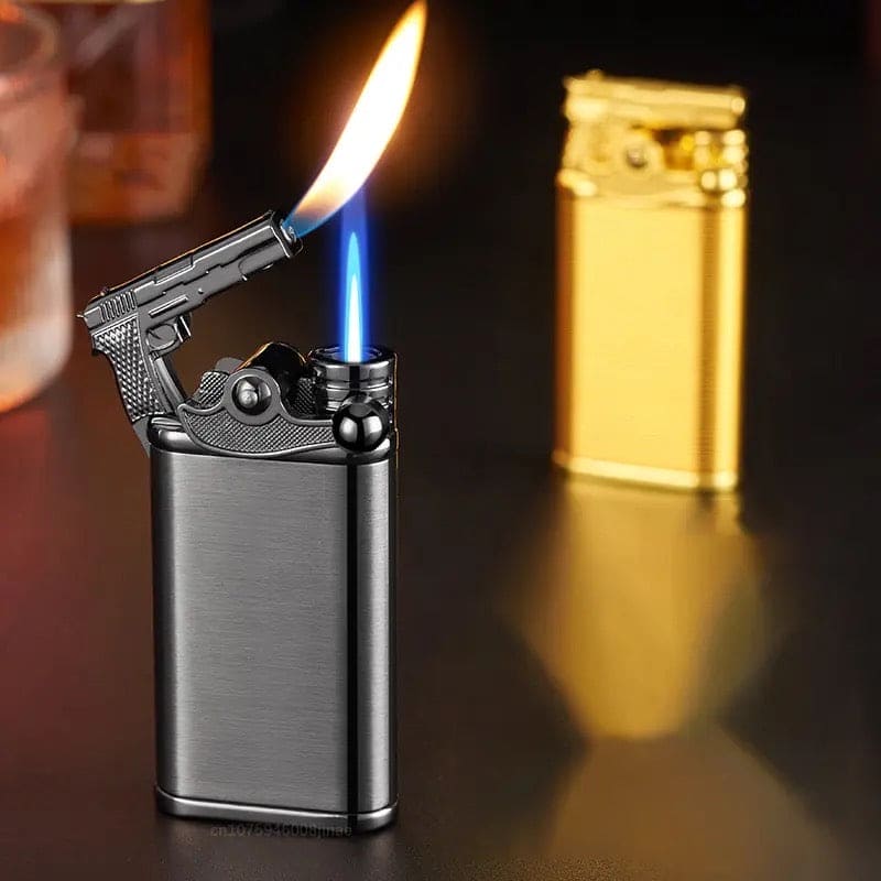 Gun Dual Flame Lighter, Rocker Arm Shape Lighter, Metal Inflatable Double Fire Lighter, Windproof Jet Turbo Lighter, Metal Double Flame Lighter, Open Fire Conversion Lighter, Creative Double Fire Flame Lighter, Butane Cigarette Lighter
