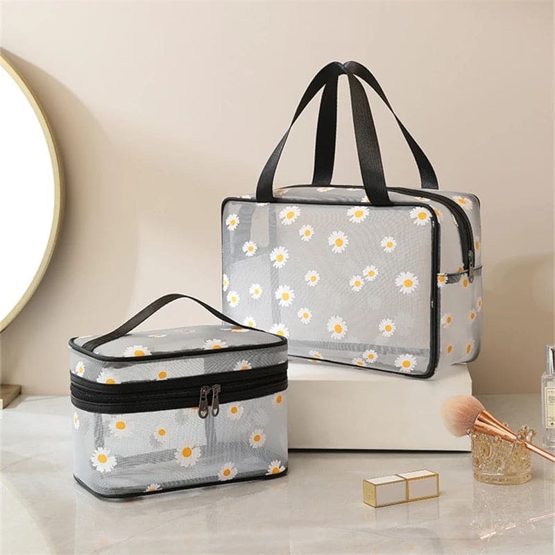 Set Of 2 Daisy Mesh Makeup Bag, Large Capacity Portable Travel Wash Bag, Cute Daisy Pattern Women Zipper Make Up Case, Multipurpose Hot Spring Mesh Bag, Wardrobe Suitcase Pouch