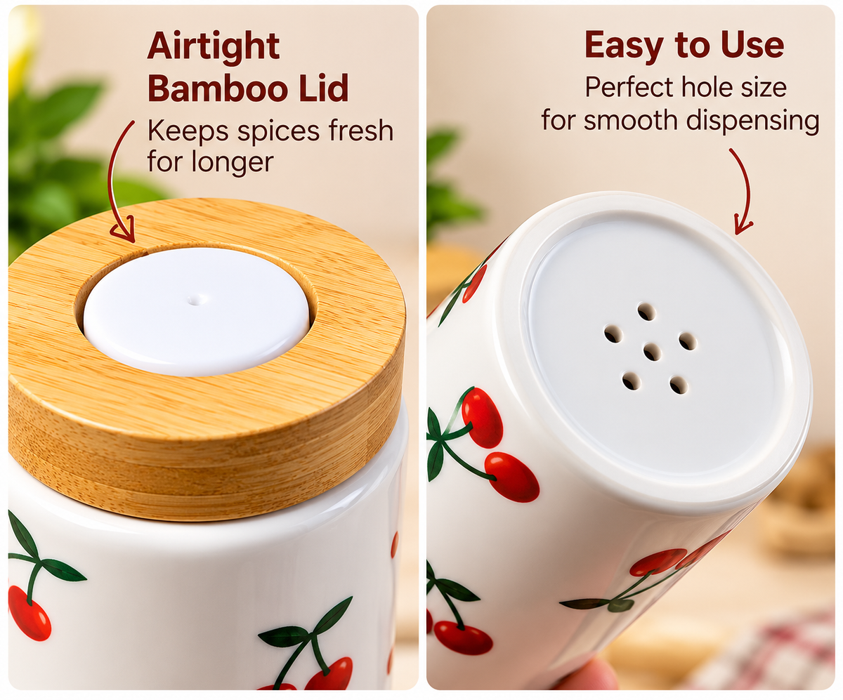 Cherry Print Ceramic Salt & Pepper Shaker Set, Salt Pepper Jar Set with Bamboo Stand, Cute Cherry Salt And Pepper Pots, Kitchen Organizer
