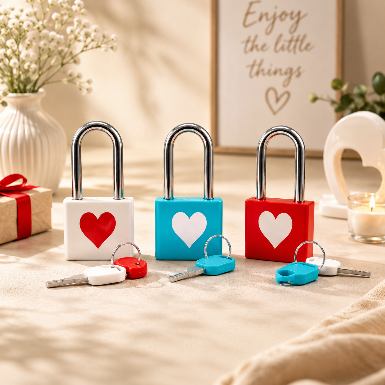 Heart Design Safety Padlock With Keys, Premium Heart Padlock Set, Decorative Mini Security Lock, Colorful Heart Lock And Key Setn