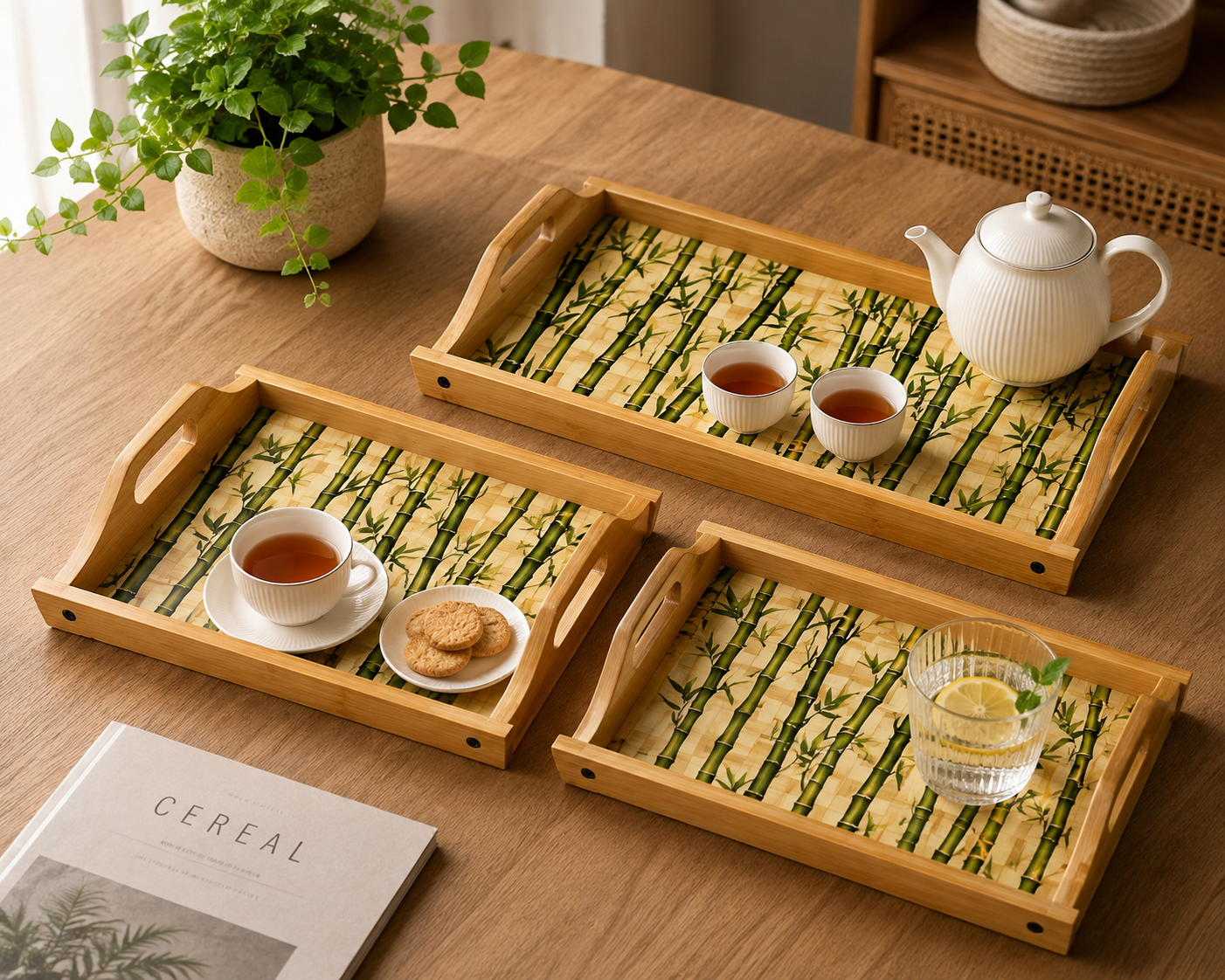 3Pcs Bamboo Serving Trays with Handles, Multipurpose Bamboo Serving Tray Set, Classic Bamboo Tray Collection, Bamboo Kitchen & Serving Tray Set