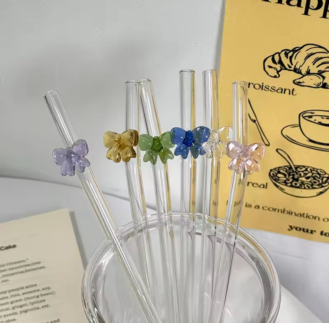 Set of 4 Cocktail Glass Straw, Heat Resistant Butterfly Straw, High Borosilicate Glass Straws Set