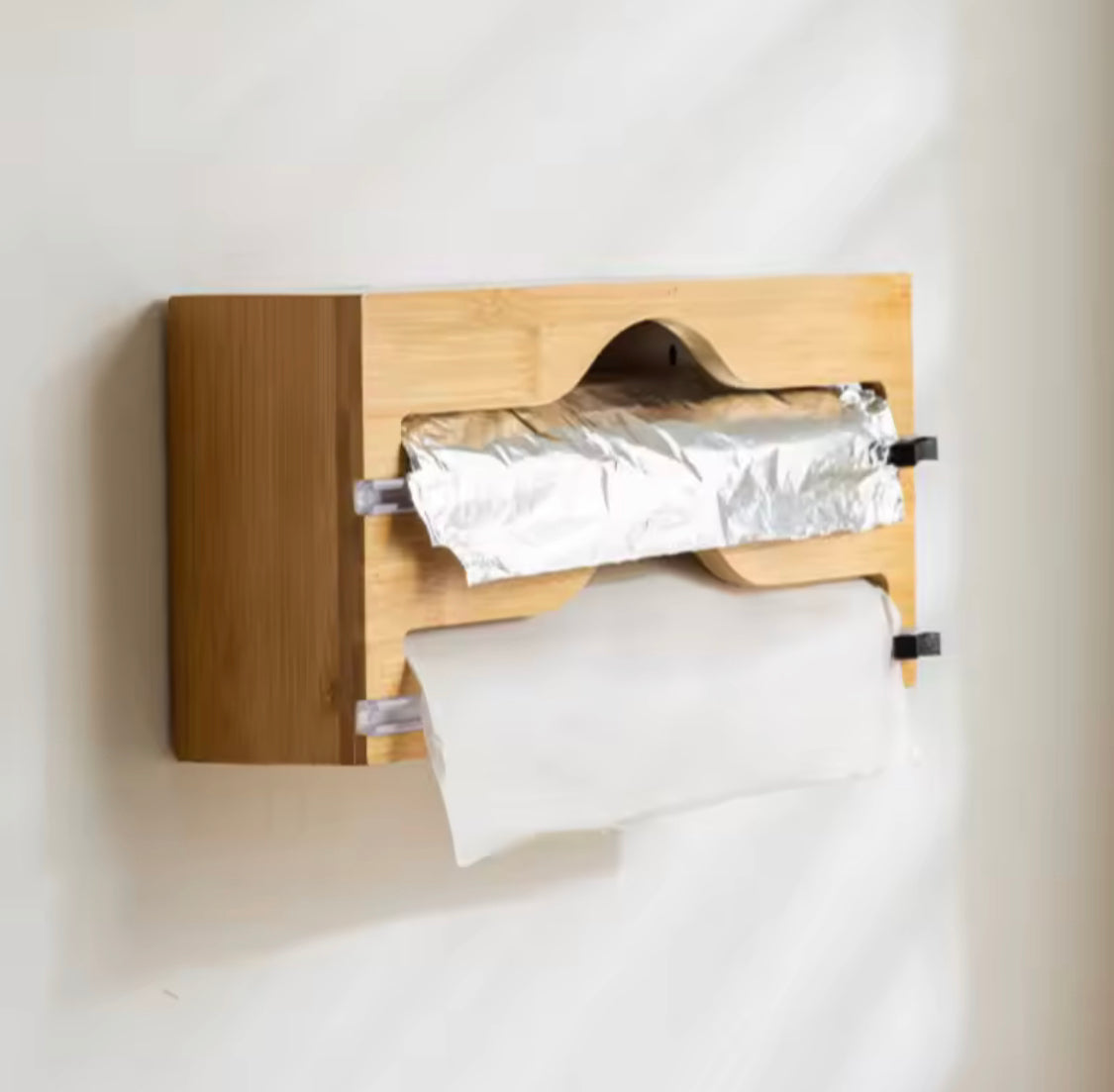 Bamboo Compartment Foil Cutter Box, Plastic Wrap Cutter Holder, Bamboo Plastic Film Cutter, Wall Film Dispenser