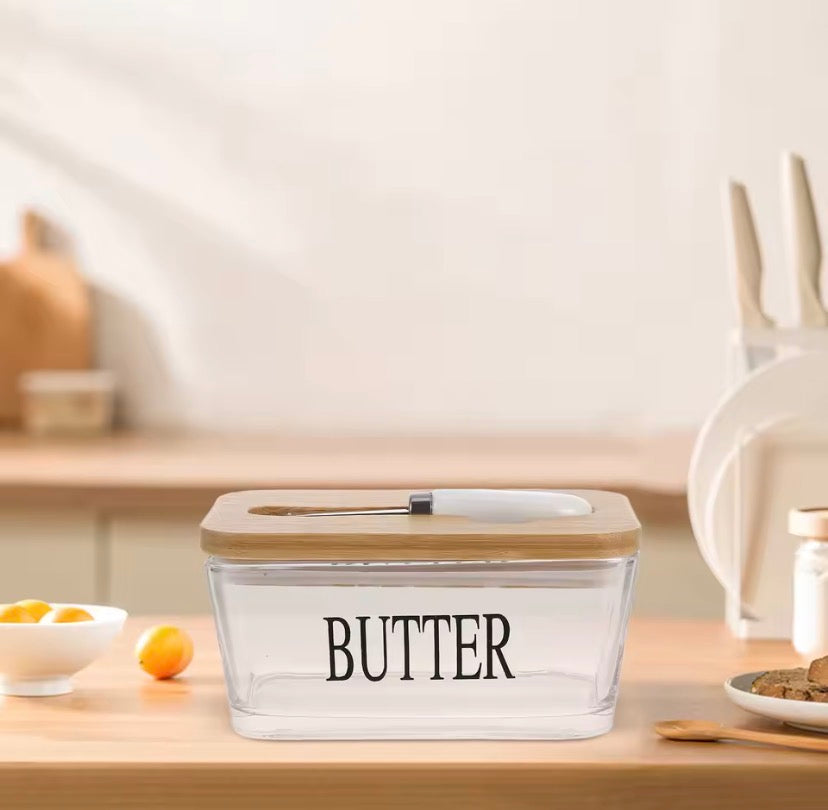Glass Butter Box with Bamboo Lid And Knife Holder, Butter Keeper Glass Container, Glass Butter Box with Wooden Lid