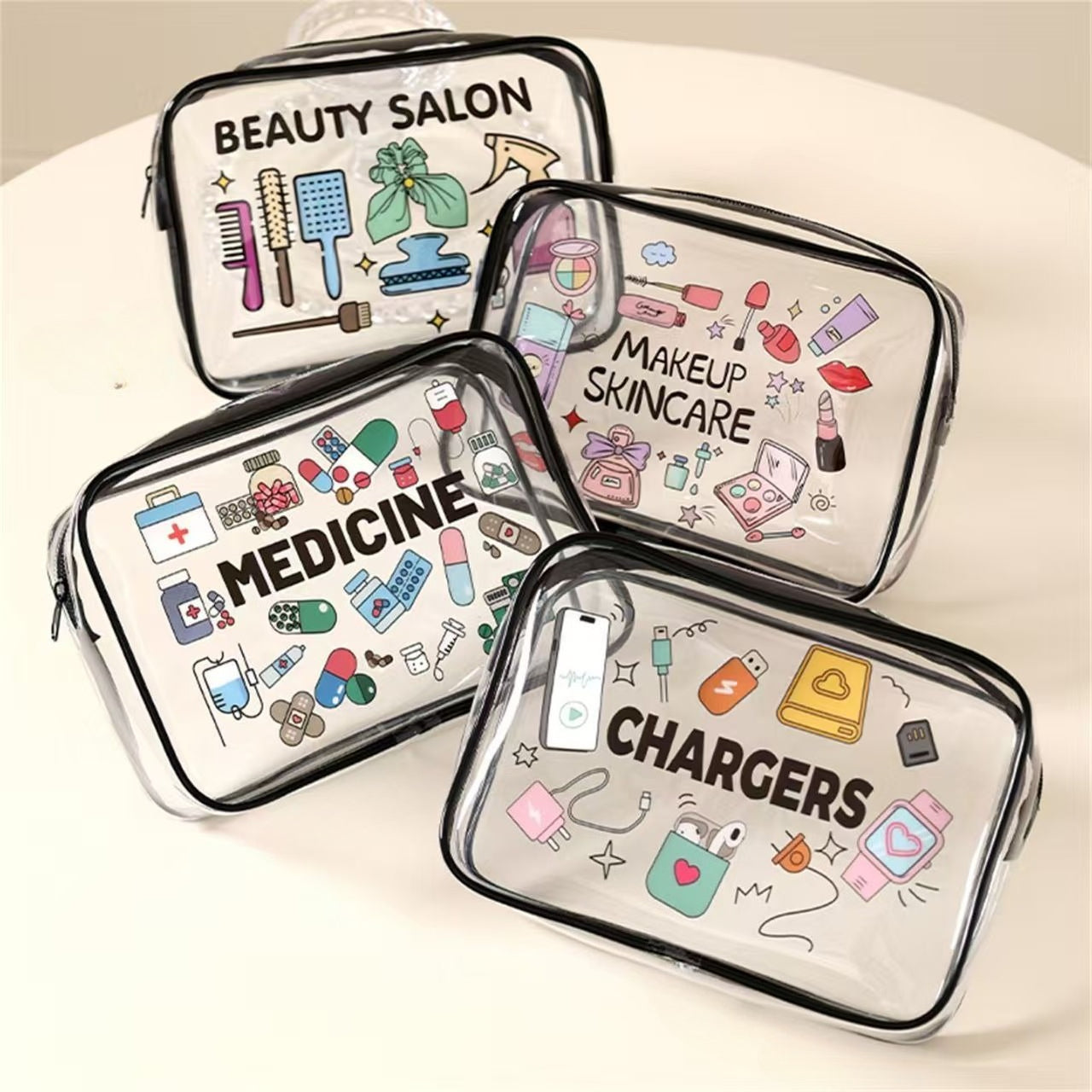 Transparent PVC Makeup Bag, Waterproof Printed Travel Toiletry Bag, Large Capacity Cosmetic Organizer