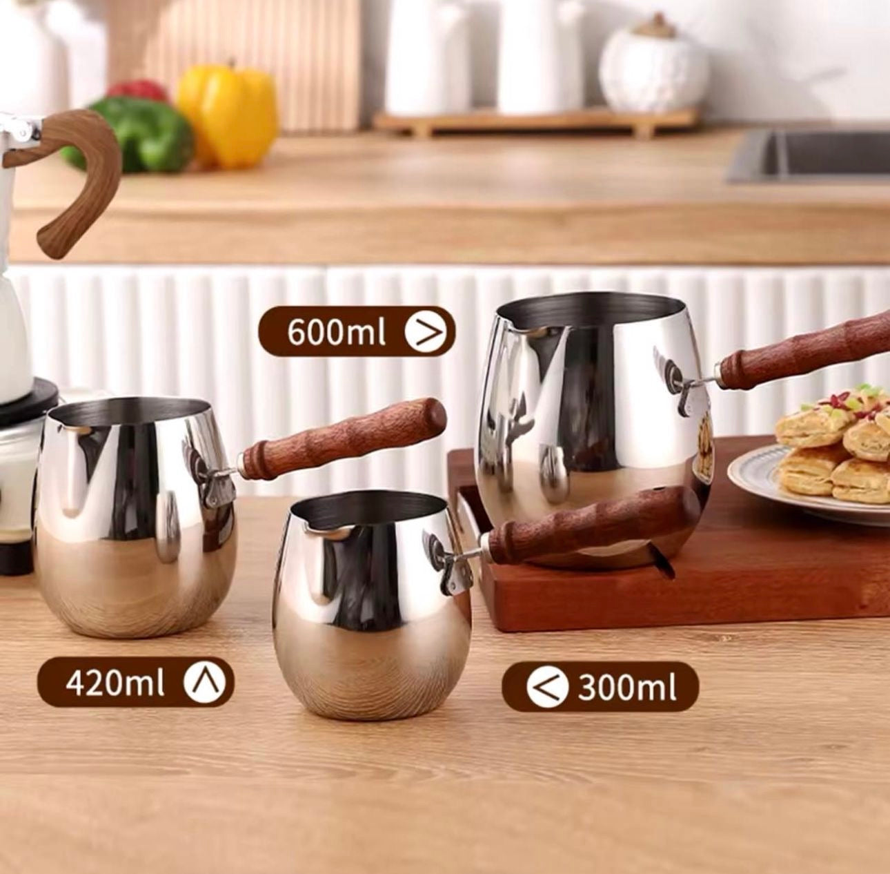 Stainless Steel Turkish Coffee Pot With Wooden Handle, Home Office Espresso Tea Pot, Leakproof Coffee Pot