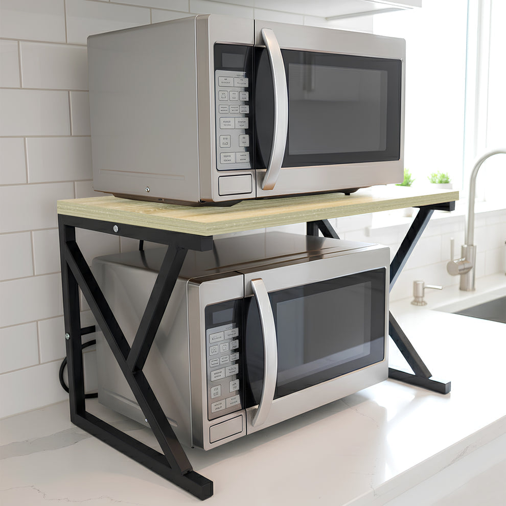 Dual Deck Countertop Microwave Storage Rack, Wooden Kitchen Countertop Organizer, Multi Purpose Kitchen Utility Shelf, Kitchen Appliance Stand