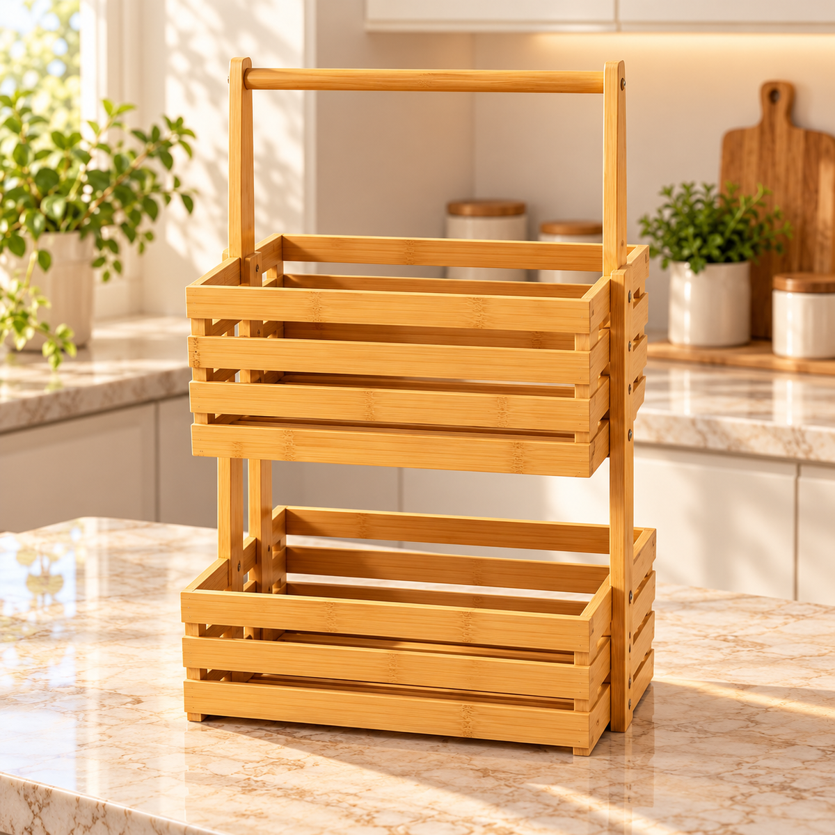 Multi Tier Bamboo Storage Basket, Wooden Kitchen Fruit & Vegetable Rack with Handle, Wooden Slatted Storage Basket Stand, Multi Tier Bamboo Kitchen Organizer