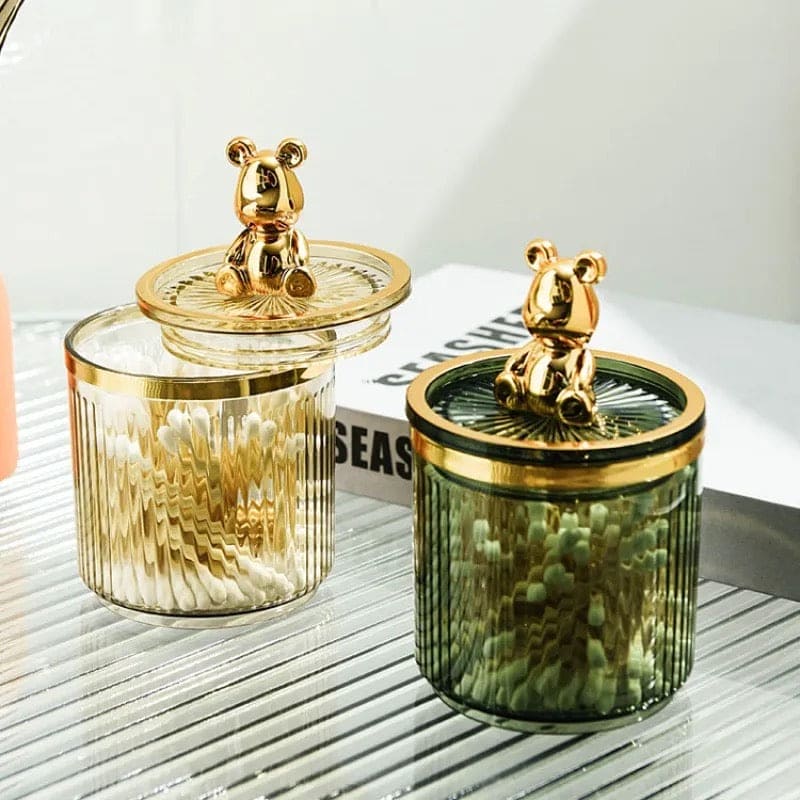 Cute Bear Cotton Pad Holder, Roman Column Striped Bottle, Multifunctional Acrylic Container with Lid, Cosmetics Jewelry Bathroom Qtip Makeup Container, Luxury Bear Storage Jar, Desktop Counter Organizer Containers Dispenser