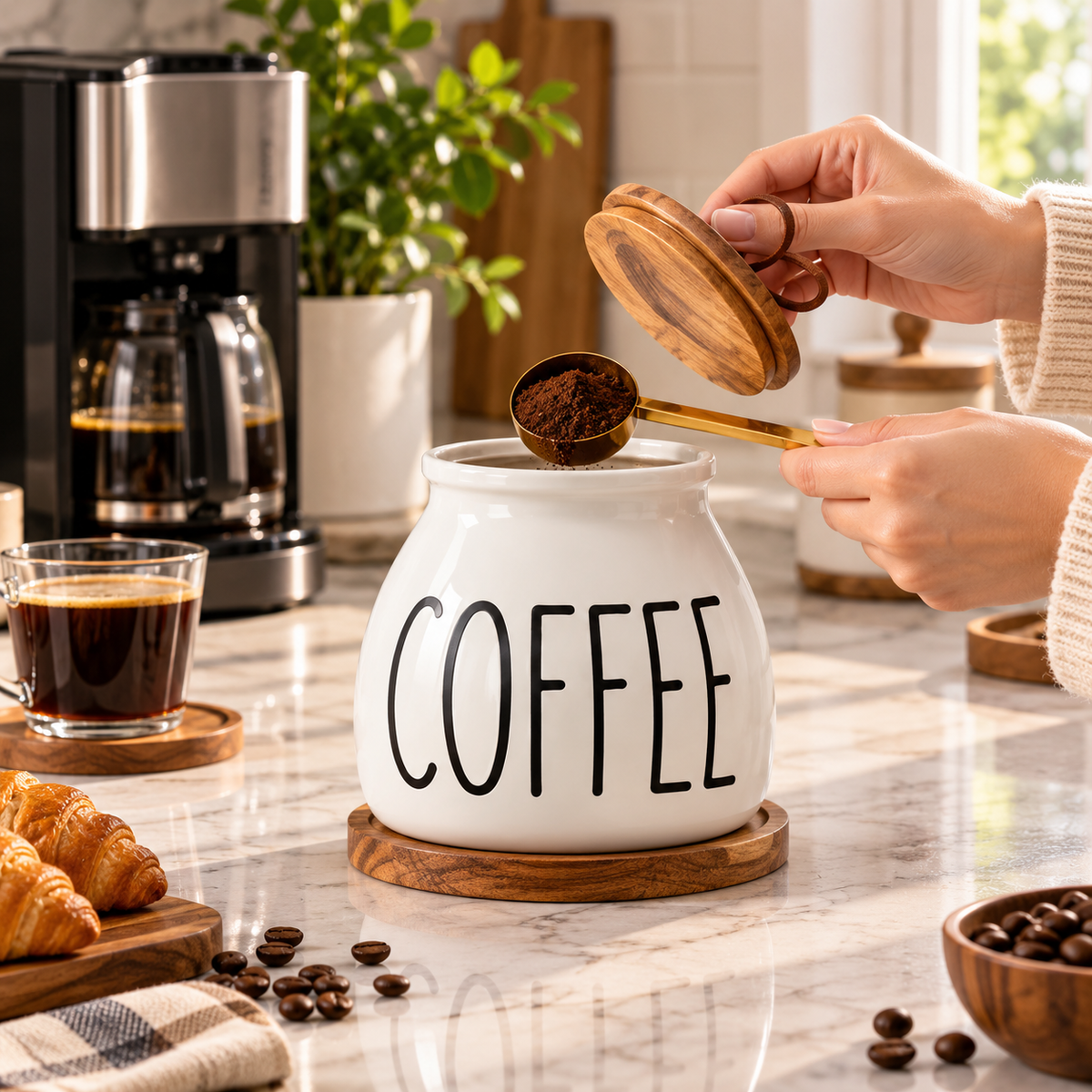 3pcs Coffee Sugar Canister with Wooden Stand, Elegant Tea Coffee Sugar Container Set, Ceramic Kitchen Storage Jars with Wooden Lids, Tea Coffee Sugar Jar Set with Wooden Rack