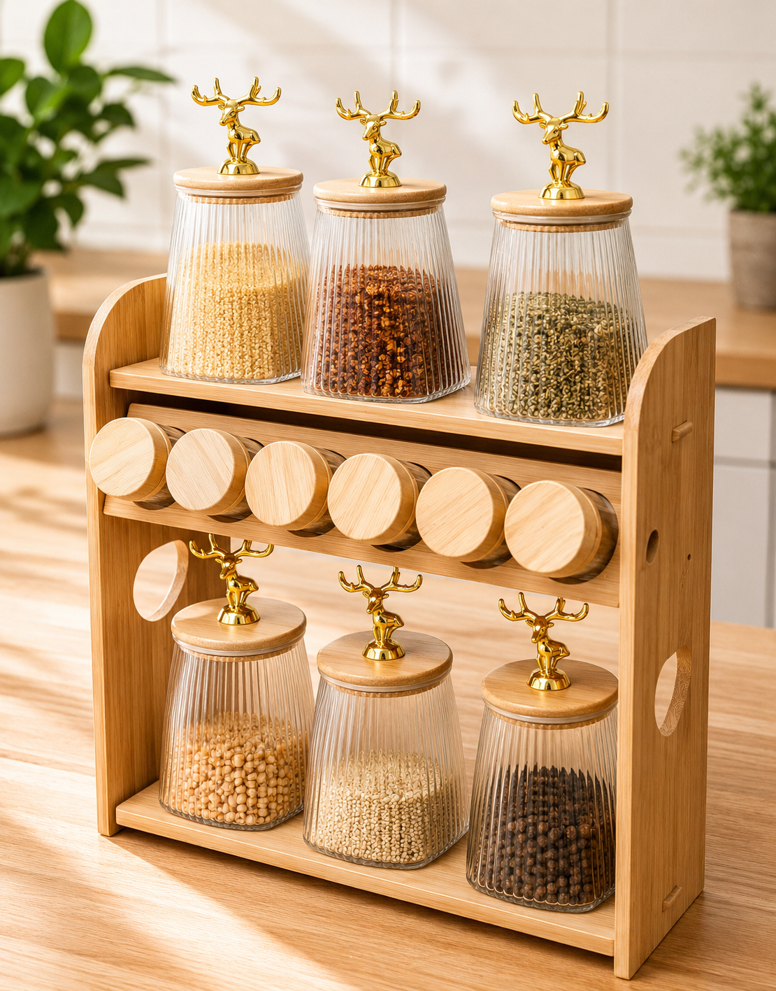 12pcs Wooden Spice Jar Organizer, Decorative Glass Canister Set, Luxury Wooden Spice Rack, Nordic Deer Spice Organizer