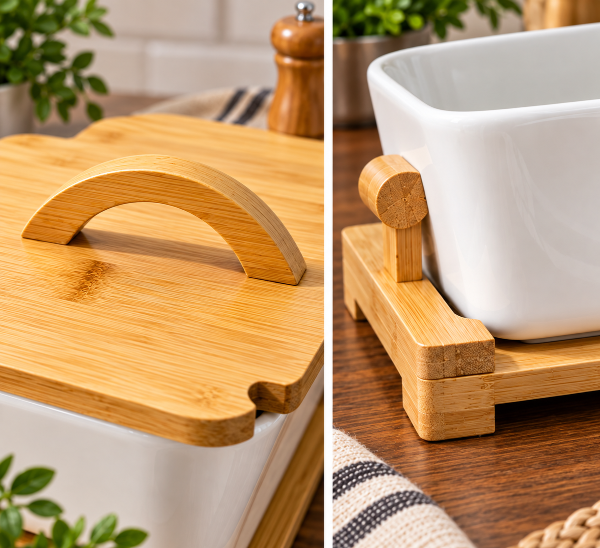 Ceramic Hot Pot Serving Dish with Wooden Stand, Dining Serving Dish with Wooden Lid, Food Warmer Serving Dish with Bamboo Stand