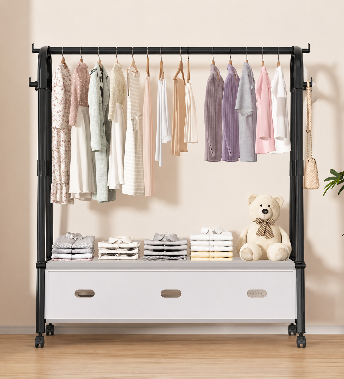 Movable Standing Clothes Rack With Wheels, A Shape Dustproof Coat Rack, Heavy Duty Minimalist Clothing Stand with Storage Wardrobe