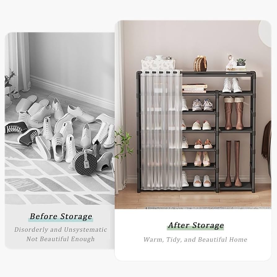 Dustproof Shoe Rack With Curtain, Stackable Multilayer Shoe Rack, Space Saving Footwear Organizer, Shoe Rack Organizer Cabinet With Curtain