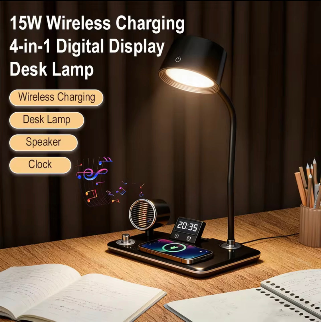 4 In 1 Smart LED Table Lamp, Wireless Lamp With Charging Pad, Adjustable LED Lamp With Bluetooth Speaker And Clock
