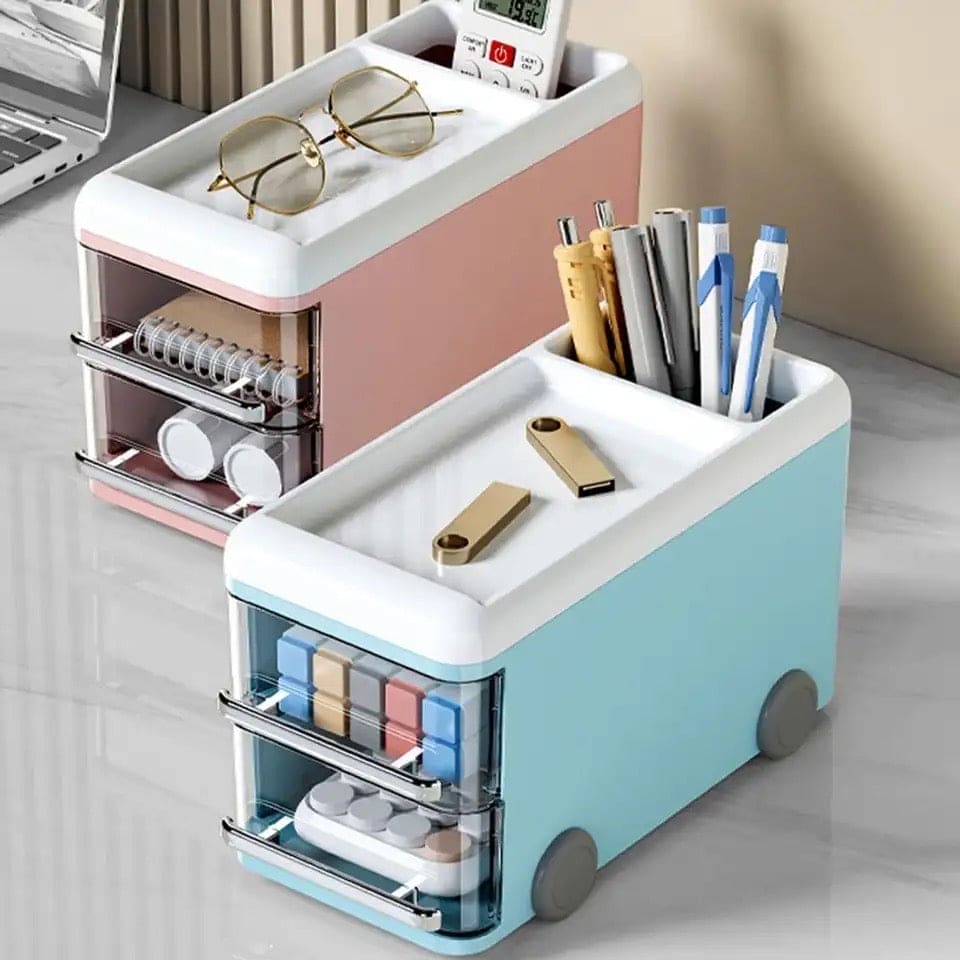 Cute Bus Style Desktop Organizer, 2 Layer Pull Out Clear Drawer Box, Multifunctional Supplies Stationery Pencil Container, Large Capacity Visible Storage Organizer, Dresser And Home Sundries Storage Holder