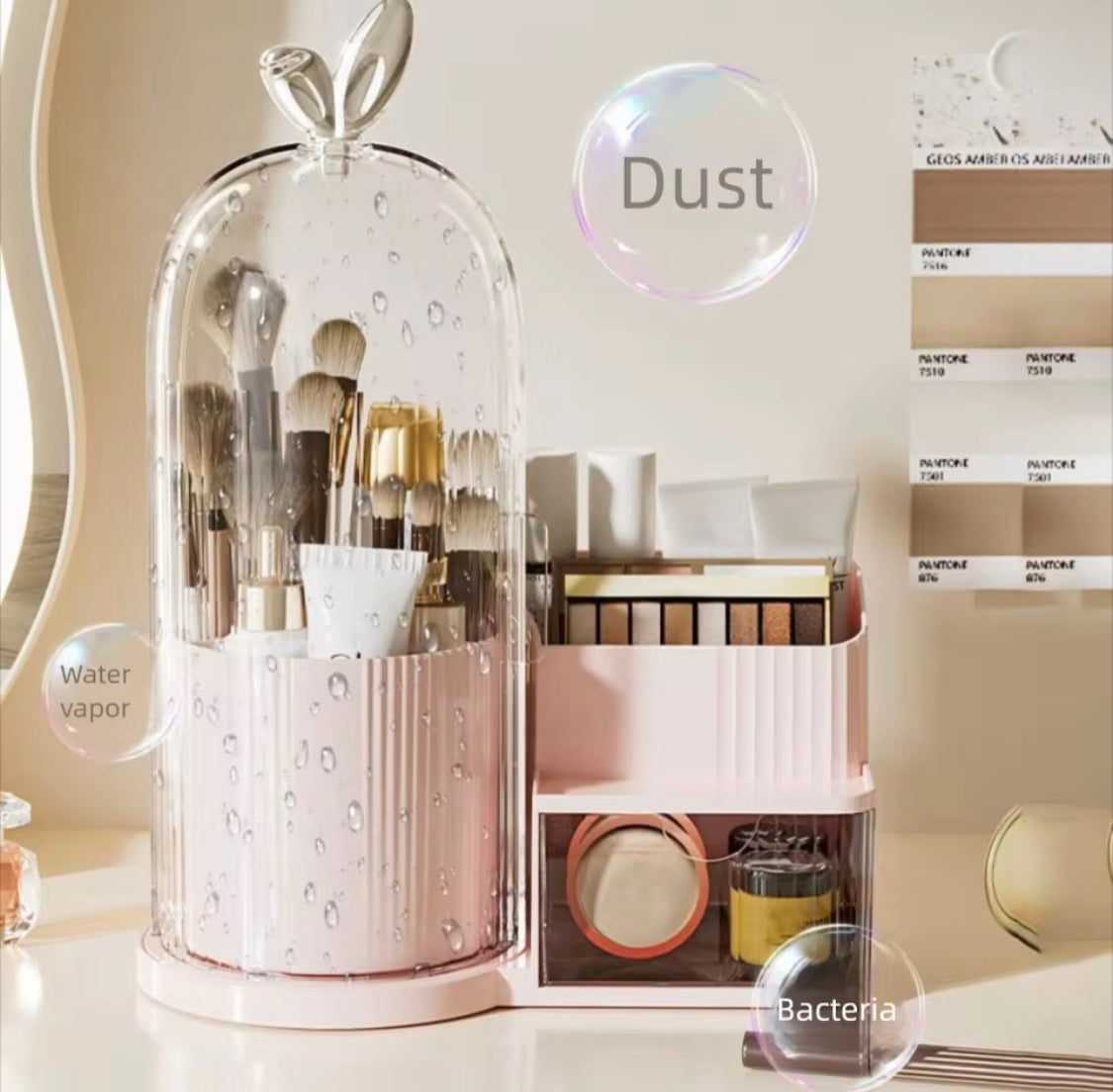 360 Rotating Makeup Organizer With Dustproof Cover, Multi Layer Cosmetic Storage Box with Drawer, Cage Shape Brush Organizer, Lipstick and Eyebrow Pencil Holder