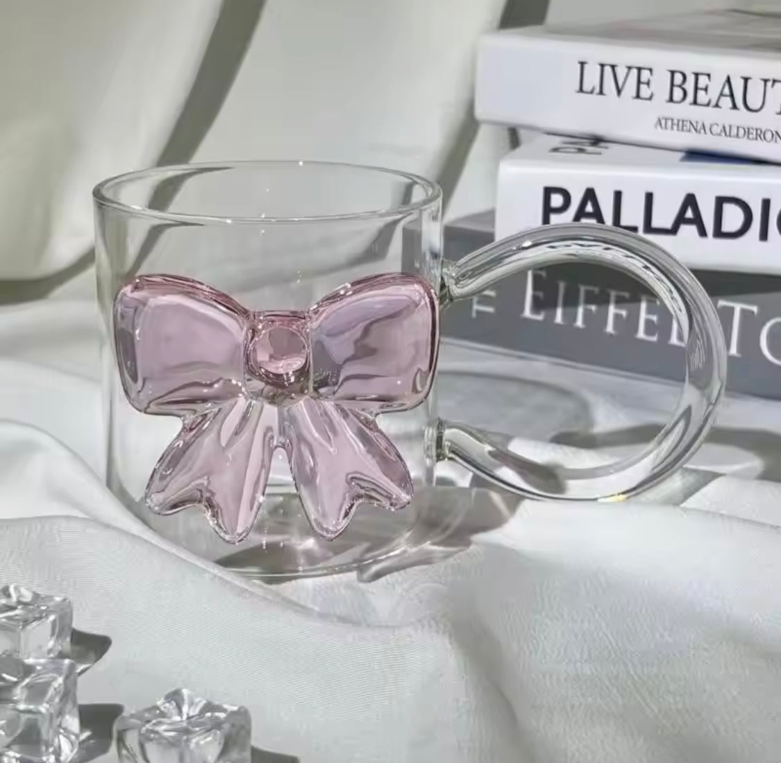 Heat Resistant 3D Bow Glass Mug With Handle, Aesthetic Bow Tea Mug, Cute Ribbon Glass Mug for Coffee & Tea, Double Wall Style Bow Glass Mug, Transparent Bow Coffee Mug