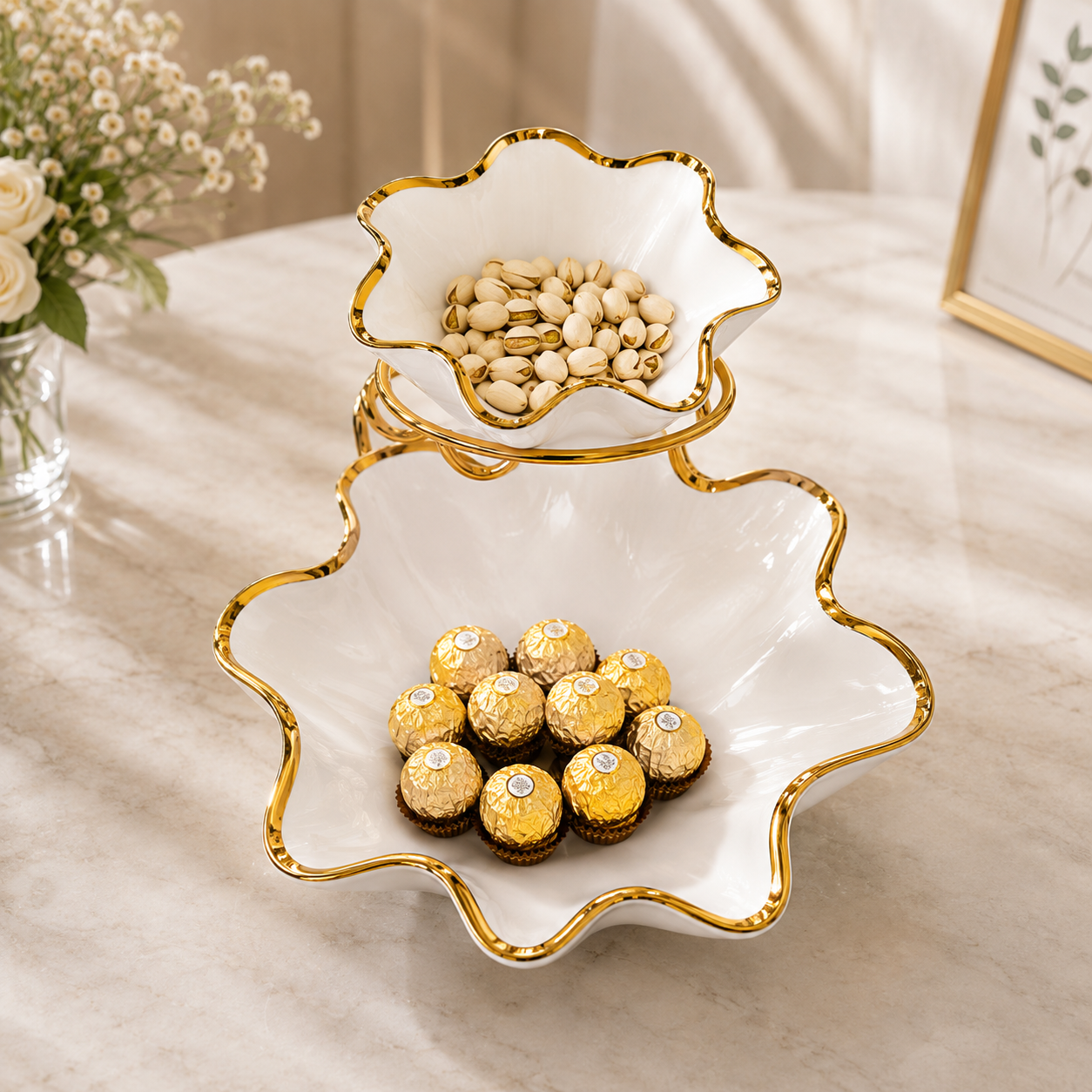 Elegant 2 Tier Serving Bowl Stand, Wave Design 2 Tier Serving Bowl, Classic White Gold Serving Stand, Elegant Multi Purpose Serving Bowl