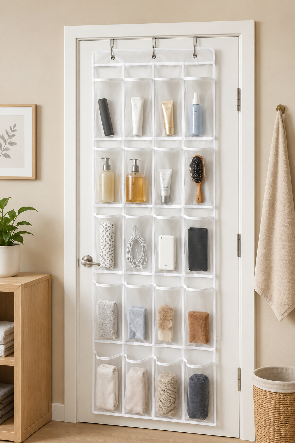 24 Pockets Transparent Over The Door Hanging Storage Organizer, Non Woven Space Saving Shoes Organizer, Multipurpose Transparent Storage Holder