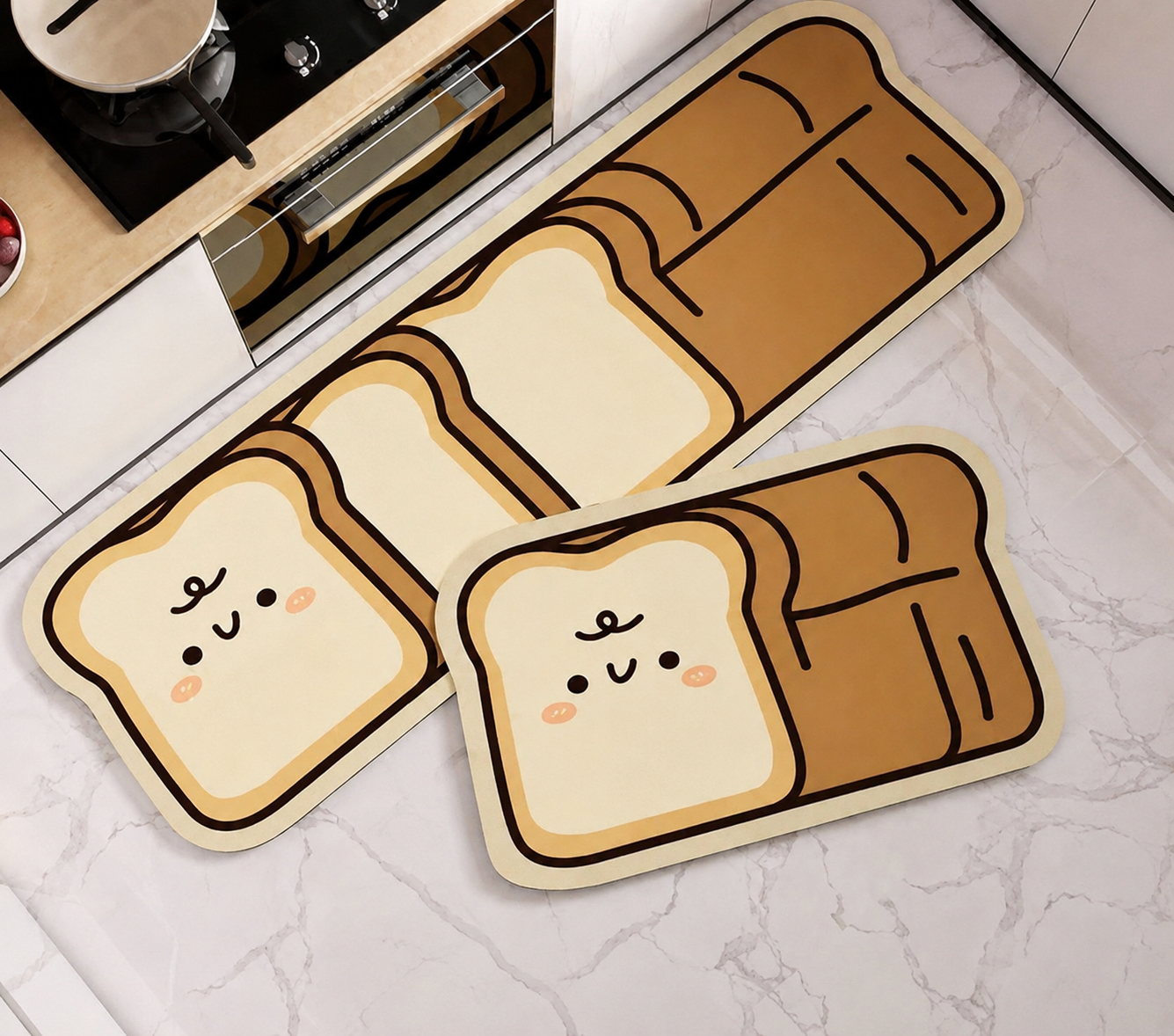 Set of 2 Adorable Bread Design Kitchen Mat, Cute Toast Character Floor Mat, Anti Slip Floor Mat