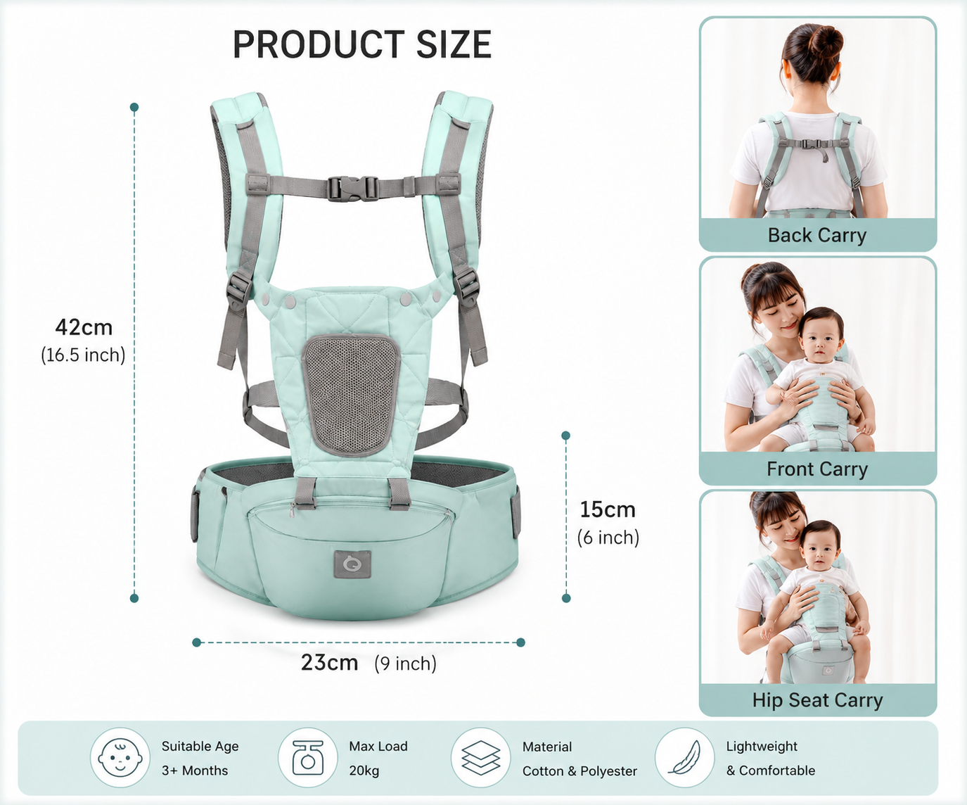 4 In 1 Baby Carrier with Hip Seat, Ergonomic Baby Hip Seat Carrier with Waist Support, Lightweight Baby Hip Seat Carrier with Padded Shoulder Straps