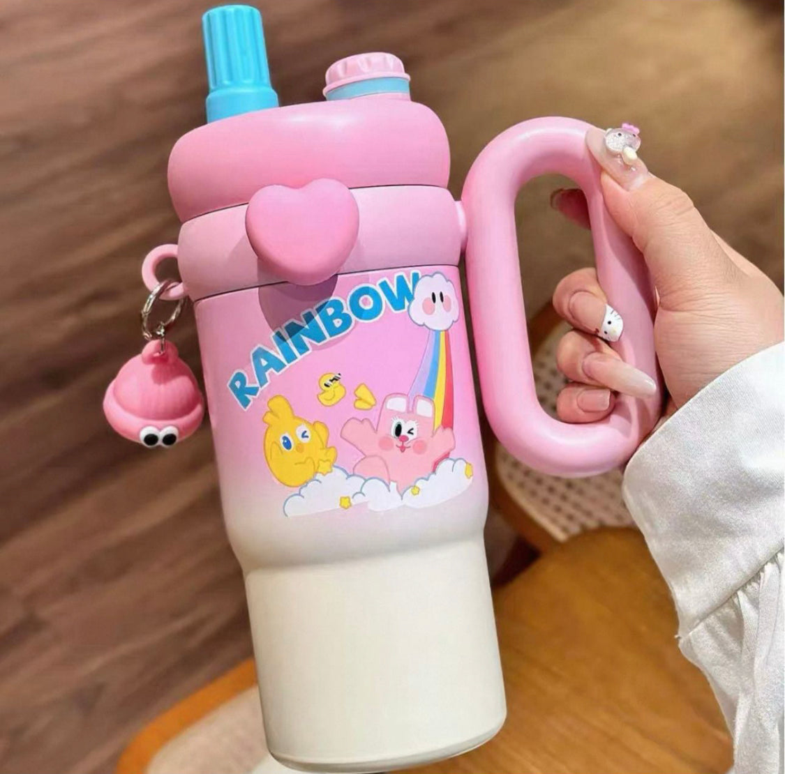 Cute Kawaii Rainbow Insulated Tumbler Sipper With Handle, Leak Proof Stainless Steel Straw Sipper, Easy Grip Vacuum Tumbler