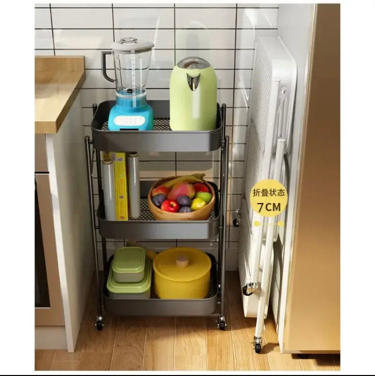 Multifunctional Movable Kitchen Storage Rack, Portable Three-layer Storage Rack, Multi-Functional Storage Rack Folding Trolley