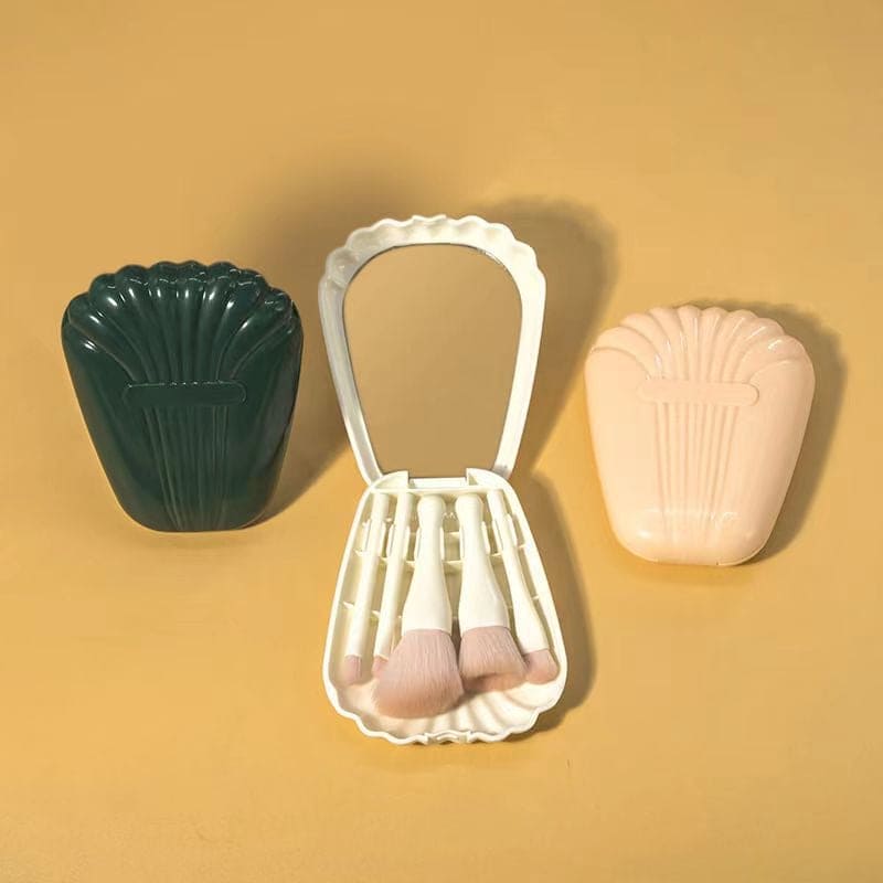 Shell Makeup Brush Set With Mirror, Eyeshadow Highlighter Foundation Brush Beauty Tool, Portable Shell Shaped Mirror Case  Brush Set, Convenient Small Portable Makeup Tool for Travel, Cosmetic Brushes Kit with Mirror Case