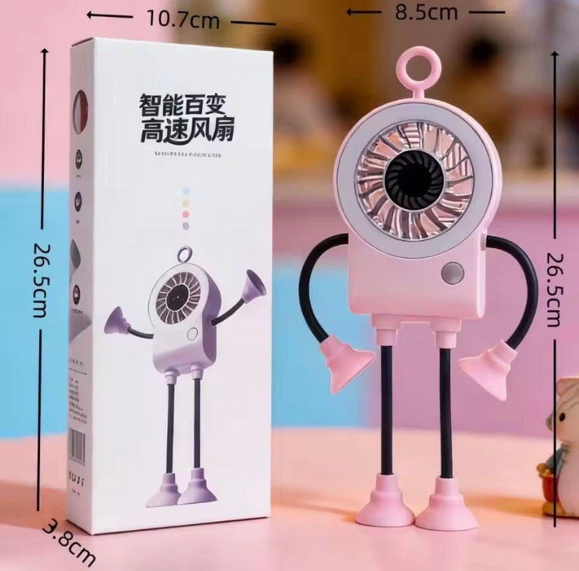 Portable Robot Shape Fan with Suction Cup Stand, Rechargeable LED Robot Mini Fan with Suction Cup Legs, Mini Robot Air Circulation Fan, Suction Cup Robot Cooling Fan