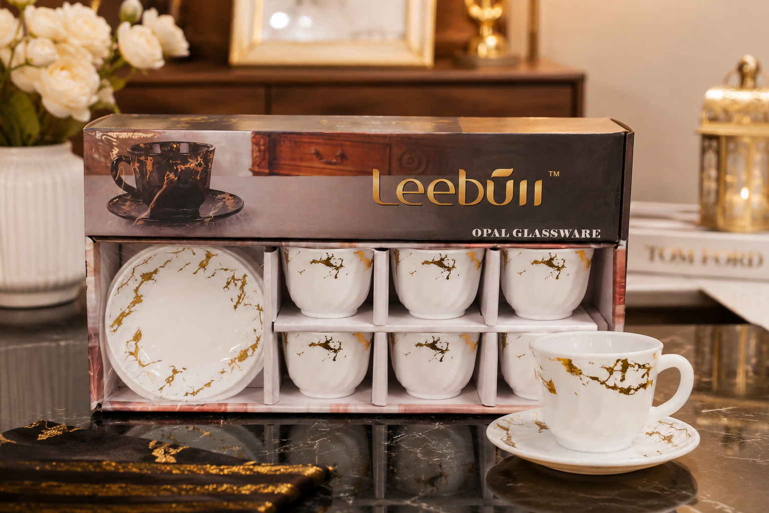 Elegant 6Pcs Tea Cup With Saucer Set, Golden Crackle Design Tea Cup Set, Insulated Coffee Mug, Coffee Glass