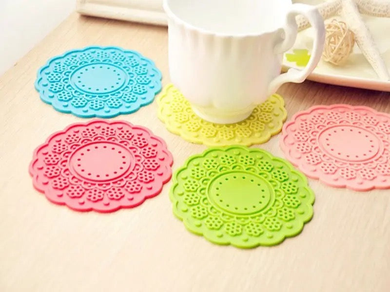 6pcs Semi-Transparent Candy Color Cup Mat, Mat Lace Cup, Creative Nonslip Cup Pad