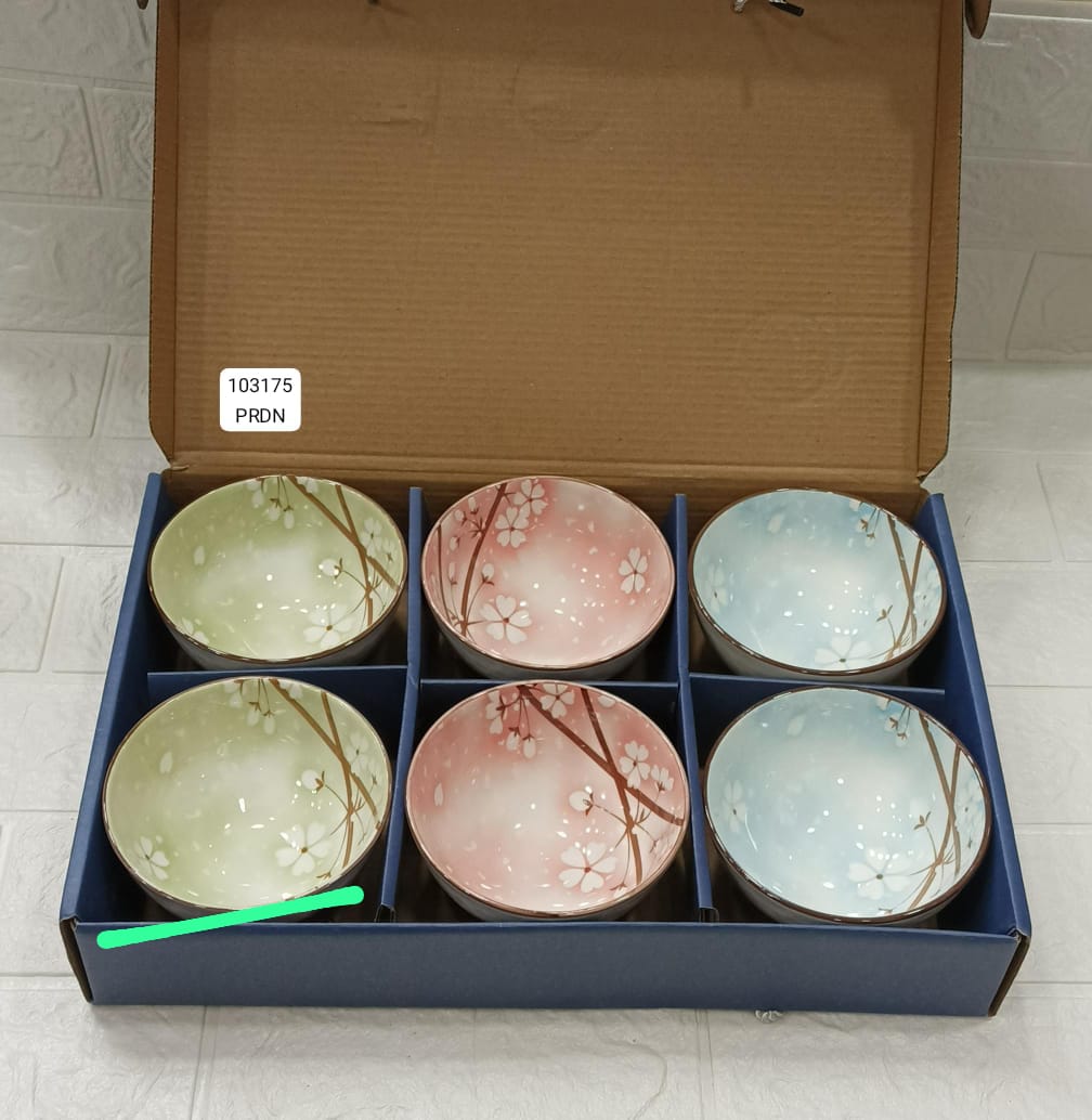 Set of 6 Ceramic Serving Bowls, Japanese Ceramic Rice Bowl, Dinnerware Bowls Gift Set, Floral Ceramic Bowl Set