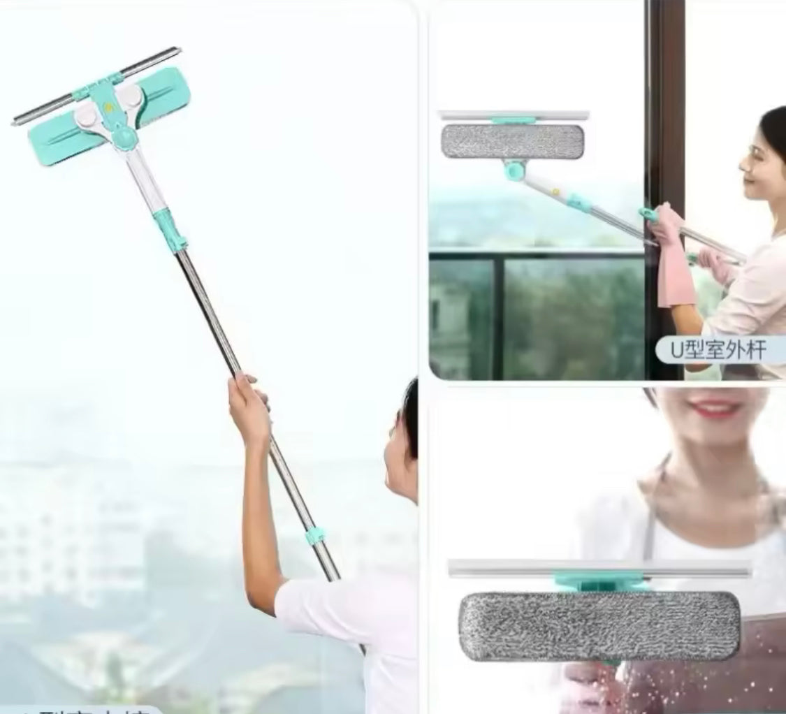 U-Shaped Window Glass Cleaner, Retractable Pole Washing Dust Cleaner Brush,  Double-Sided Glass Cleaning Tool