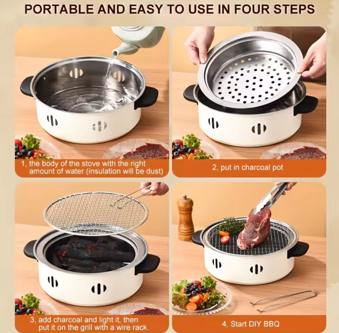 Portable Barbecue Stove With Coal Grill, Tabletop BBQ Grill Pan, Round Non Stick Barbecue Rack, Outdoor Camping Barbecue Stove, Korean Charcoal Stove, Stainless Steel Split Barbecue Grill