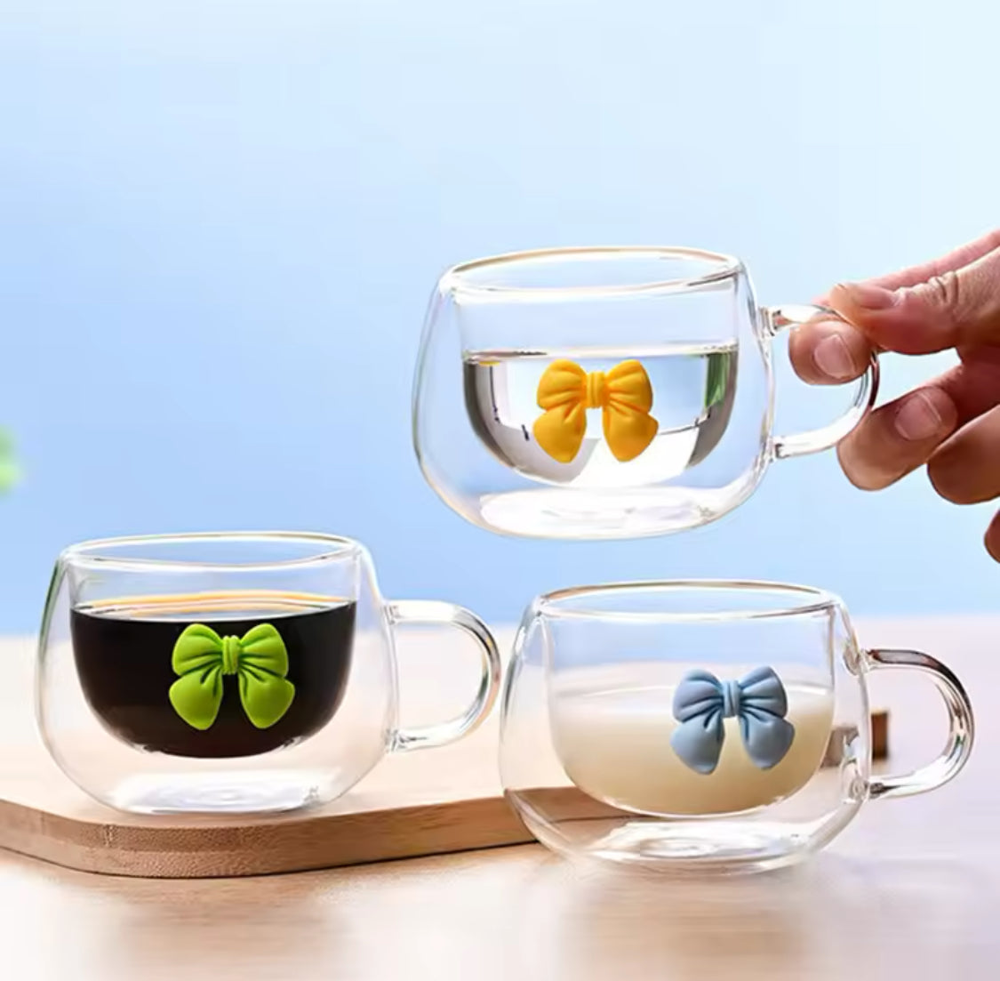 250ml Double Wall Glass Coffee Mug, Bow Design Transparent Mug, Heat Resistant Espresso Cup