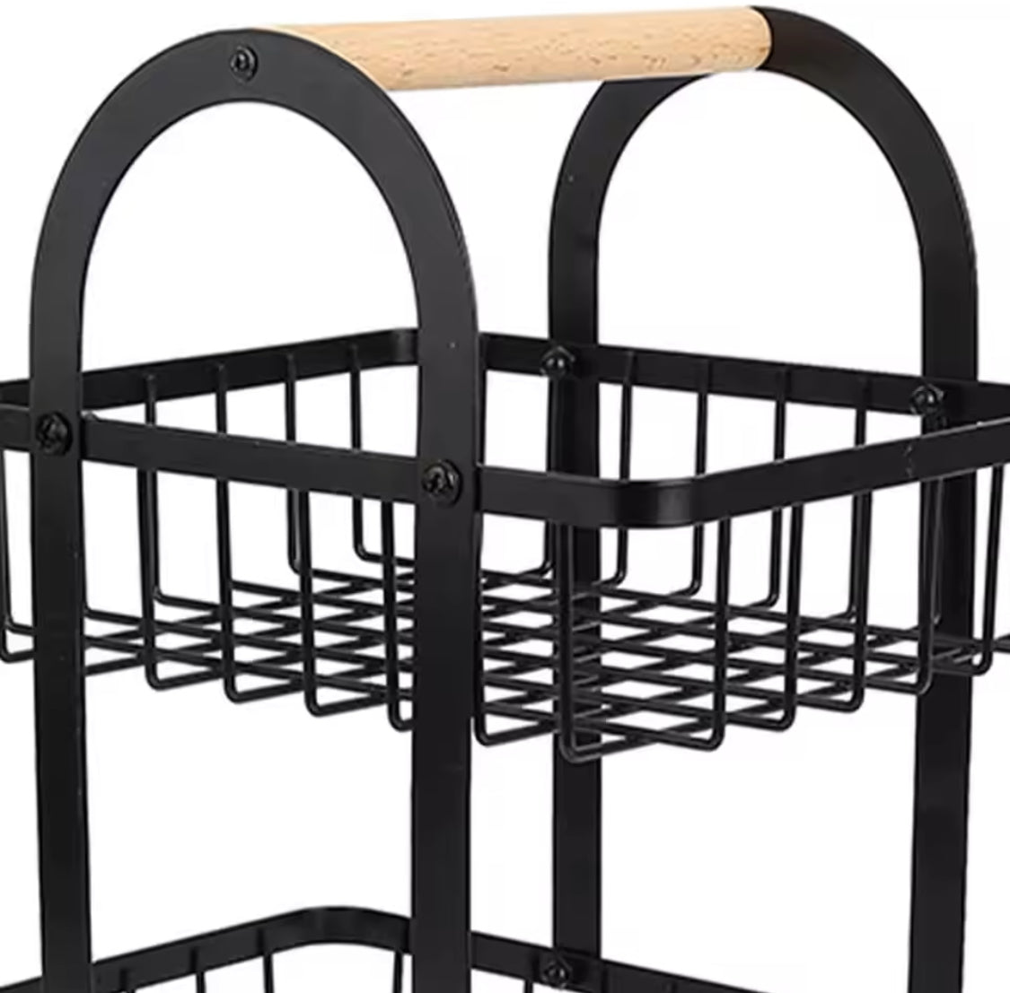 2 Tier Iron Fruit Basket With Wooden Handle, Kitchen Countertop Storage Rack, Wrought Iron Detachable Storage Holder