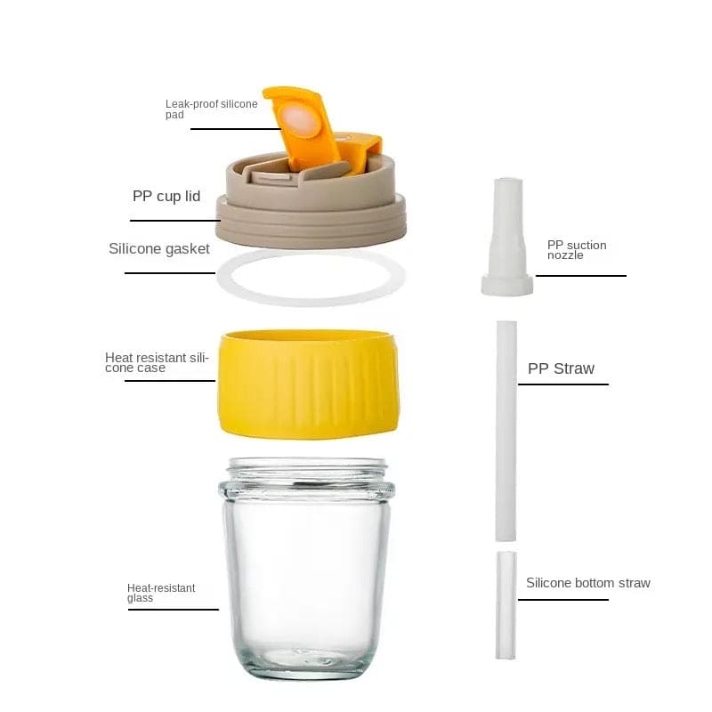 Modern Travel Mug, 350ml Double Drinking Glass,  Lovely Glass Straw Cup, Portable Accompanying Coffee Cup, Couple Silicone Anti Scalding Water Cup