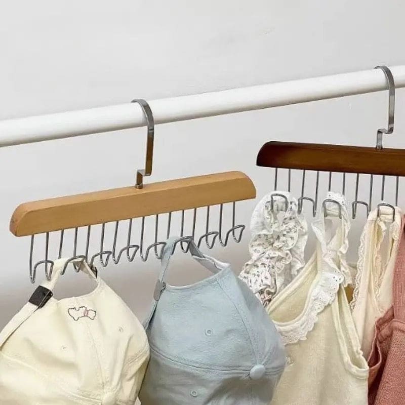 Wooden Suspender Hanger, Multifunctional 8 Hook Hanger, Non Slip Wardrobe Clothing Storage Holder, Dormitory Closet Organizer, Multipurpose Scarf Hat Hanger, 360 Non Slippery Hanger